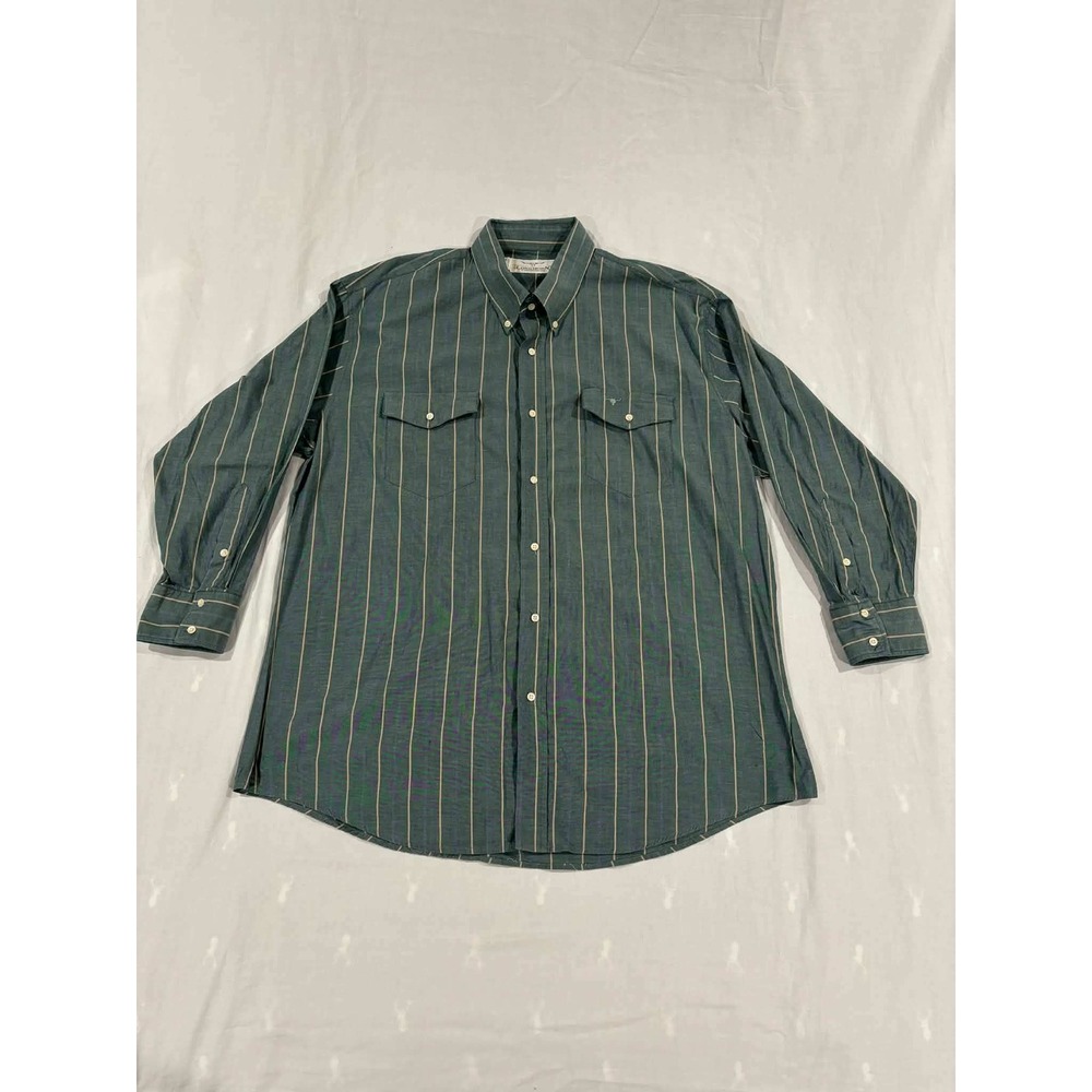Longhorn by Niver Western Wear Mens Green Pinpoint Oxford Striped Button Down XL